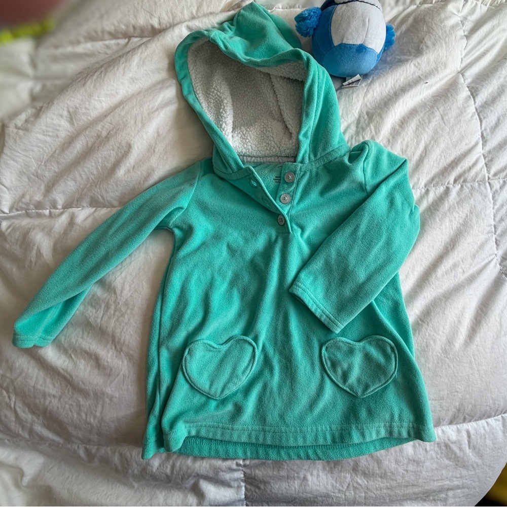 Carters Teal Hooded Fleece Pullover with Heart Pockets Size 3T